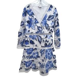 Entro Floral Dress Womens Large Blue mesh Lace Crochet Flowy Boho Coastal Summer